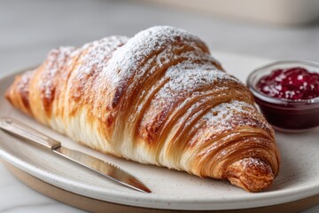 Delicious croissant with powdered sugar and jam, a perfect treat for breakfast or brunch, served with a knife on a stylish ceramic plate.