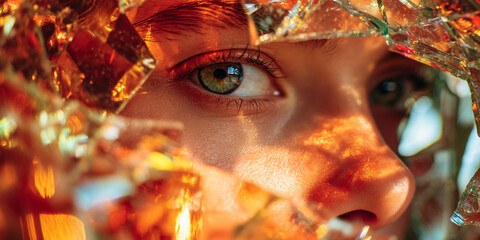 Close-up of eye and nose partially obscured by amber-toned shattered glass, creating a fragmented, yet luminous effect, symbolizing vulnerability or resilience