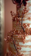 Botanical Wedding Cake with Sugar Blossom Branches and Caramel Brush Texture