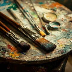 Obraz premium An art-stained brush rests on a well-worn palette, evoking a story of creativity and craftsmanship.