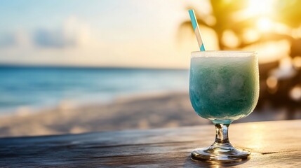 Blue slush ice drink in glass with seascape.