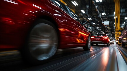 Blurred motion of cars in modern automotive production line