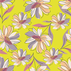 Beautiful blooming flowers on light yellow background seamless pattern for fabric textile wallpaper fashion print background. 