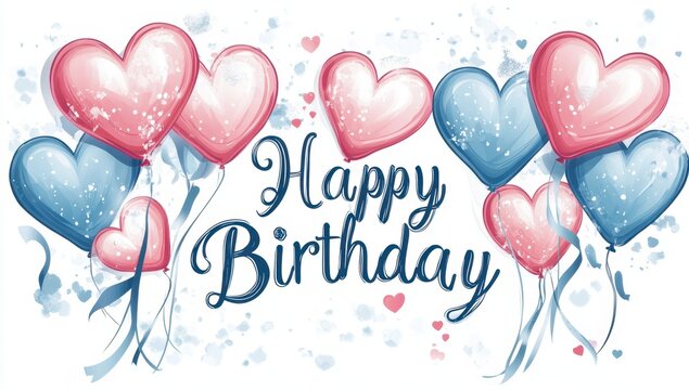 A banner with the words "Happy Birthday" in elegant script, surrounded by heart-shaped balloons of various colors, including pink and blue Generative AI