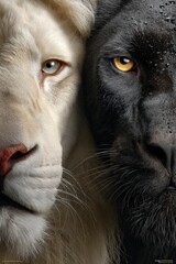 Lion blanc, panthère noire, face à face, contraste, félins, regard intense, faune, prédateurs, beauté sauvage, symétrie, détails, noir et blanc, animaux, puissance, nature, exotique, force, duo, intim