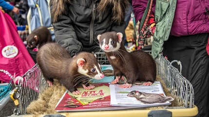 Ferrets at Adoption Event with Brochures and Toys on Display Table