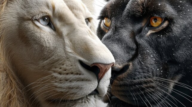 Lion blanc, panth&egrave;re noire, face &agrave; face, contraste, f&eacute;lins, regard intense, faune, pr&eacute;dateurs, beaut&eacute; sauvage, sym&eacute;trie, d&eacute;tails, noir et blanc, animaux, puissance, nature, exotique, force, duo, intim