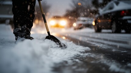 man shovels snow off road. man shovels snow off