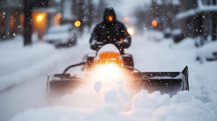 Naklejka premium Man working with snow blower. Manning snow blower operation