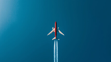 Red airplane flying in clear blue sky