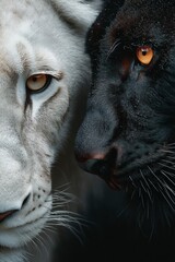 Lion blanc, panth&egrave;re noire, face &agrave; face, contraste, f&eacute;lins, regard intense, faune, pr&eacute;dateurs, beaut&eacute; sauvage, sym&eacute;trie, d&eacute;tails, noir et blanc, animaux, puissance, nature, exotique, force, duo, intim