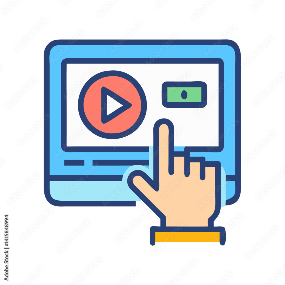 Poster interactive learning: computer screen with play button and hand