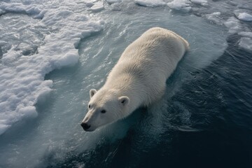 A majestic polar bear emerges from the icy waters of the Arctic, its thick white fur glistening in the sunlight, showcasing the beauty of wildlife.