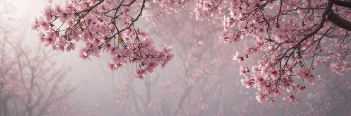 Obraz premium Soft pink sakura petals descend against a hazy, spring backdrop , bokeh, background