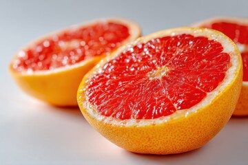 Macro shot of fresh grapefruit halves revealing juicy pulp and vibrant color, showcasing healthy food and fruit textures, ideal for nutrition and wellness themes.