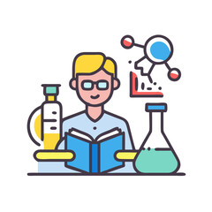 Scientist reading science book, flask and microscope icons