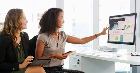 Planning, meeting and business women on computer for digital layout, collaboration and research....