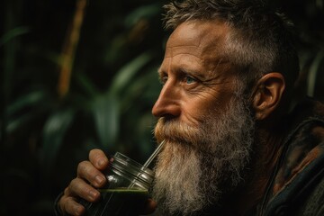 A mature man with a beard thoughtfully drinks green smoothie with metal straw, showing dedication to healthy living and a mindful connection with nature.