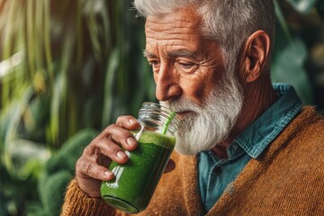 A close-up shot of an elderly man with a beard enjoying a healthy green smoothie, promoting wellness and natural living, with a focus on nutrition.