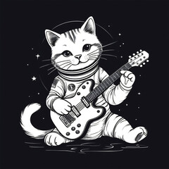 "Vector line art of astronaut cat playing guitar"

