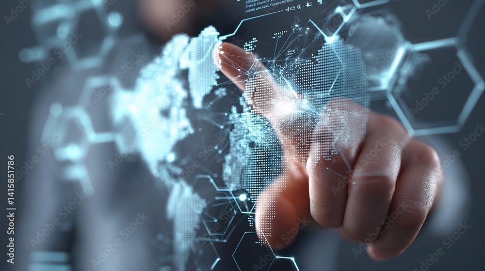 Poster interactive global network map interface with futuristic design