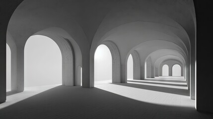 Obraz premium A minimalist architectural interior with arched hallways.