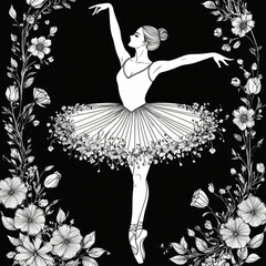 "Elegant line art of a ballerina made of flowers"

