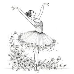 "Elegant line art of a ballerina made of flowers"

