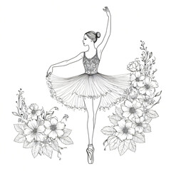 "Elegant line art of a ballerina made of flowers"

