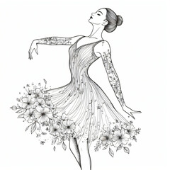 "Elegant line art of a ballerina made of flowers"

