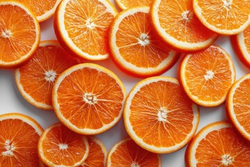 Bright and juicy orange slices arranged on a white surface, showcasing vibrant citrus fruit, full of vitamin C, and ideal for a healthy snack or refreshing juice.
