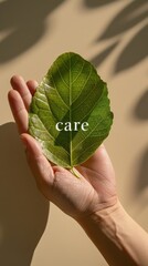 Vertical close-up of green leaf with “care” message resting in a hand, shot in natural warm light, ideal for Earth Day mindfulness, eco campaigns and sustainability visuals