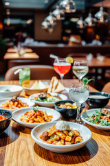 Fototapeta premium Restaurant Table Set with Diverse Dishes and Drinks