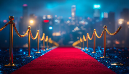 A red carpet rolls out before a glittering cityscape at night. Golden stanchions line the path, adding to the glamorous scene.
