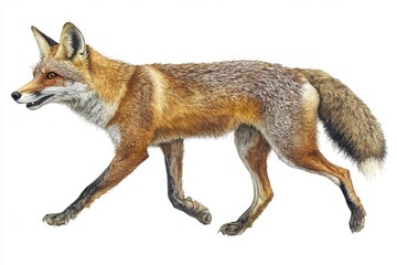 Fototapeta premium In a watercolor illustration, a fox is shown running on a white background as part of a hand drawing animal set