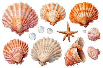 Obraz premium On a white background, a watercolor illustration showcases a mermaid tail, seashells, crown, bubbles, coral, and pearl