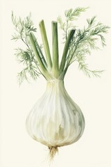 Fennel Bulb with Green Stems and Fronds Watercolor Painting