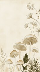 Obraz premium Beige Watercolor Mushroom Floral Plant Botanical Illustration