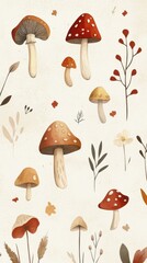 Watercolor Mushrooms Plants Beige Paper Background Botanical Illustration
