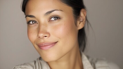 Naklejka premium Confident Hispanic Woman Smiling Up Close Portrait Photography