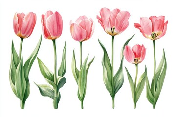 Tulips and flowers are depicted in a watercolor illustration on a white background, characteristic of a botanical painting and flora design
