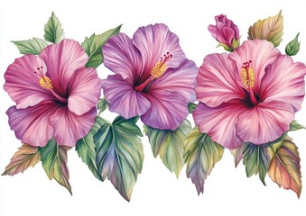 Obraz premium Pink hibiscus flowers are illustrated in watercolor on an isolated white background, representing a beautiful example of tropical flora in botanical art