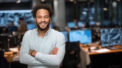 Fototapeta premium Professional Man with Folded Arms Smiling in Modern Tech Office