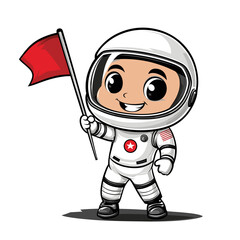 Astronaut Holding a Flag Cute Illustration Vector Isolated Mascot Art 
