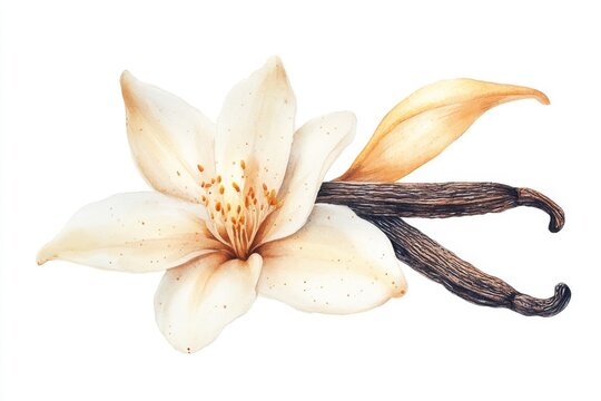 The flora watercolor illustration features a vanilla flower, dried beans, and an orchid, set against a plain white background