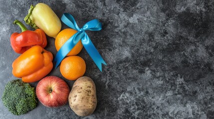 Fresh Vegetables and Fruits with Blue Ribbon on Dark Background