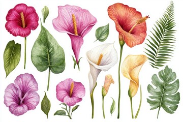 Obraz premium The image presents a watercolor illustration of various tropical plants and flowers, including palm leaves, rose, hibiscus, pansy, and fern, all on a white background