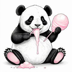 "Chubby baby panda eating cotton candy"

