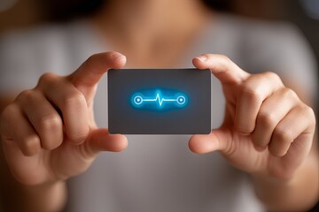 A young Asian woman holds a futuristic card with a glowing heartbeat design.