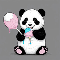"Chubby baby panda eating cotton candy"

